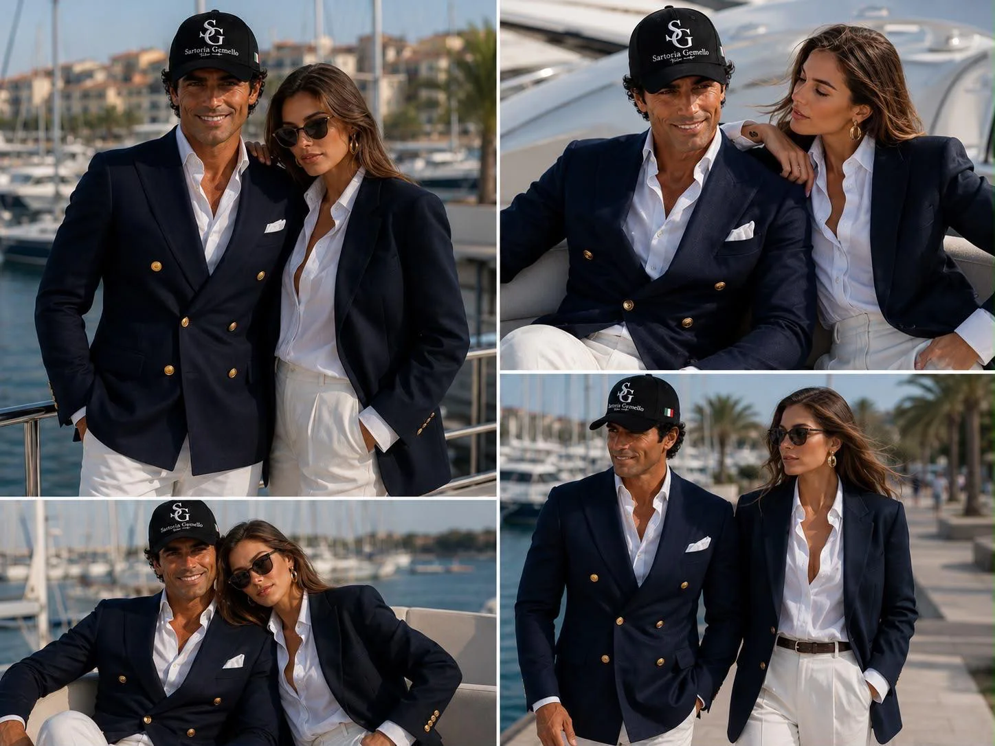 Composizione di abbinamenti con blazer blu e pantaloni chiari al porto