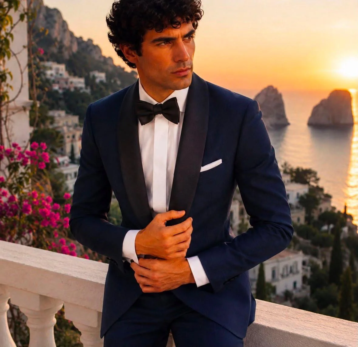 Smoking blu con papillon, indossato sul mare