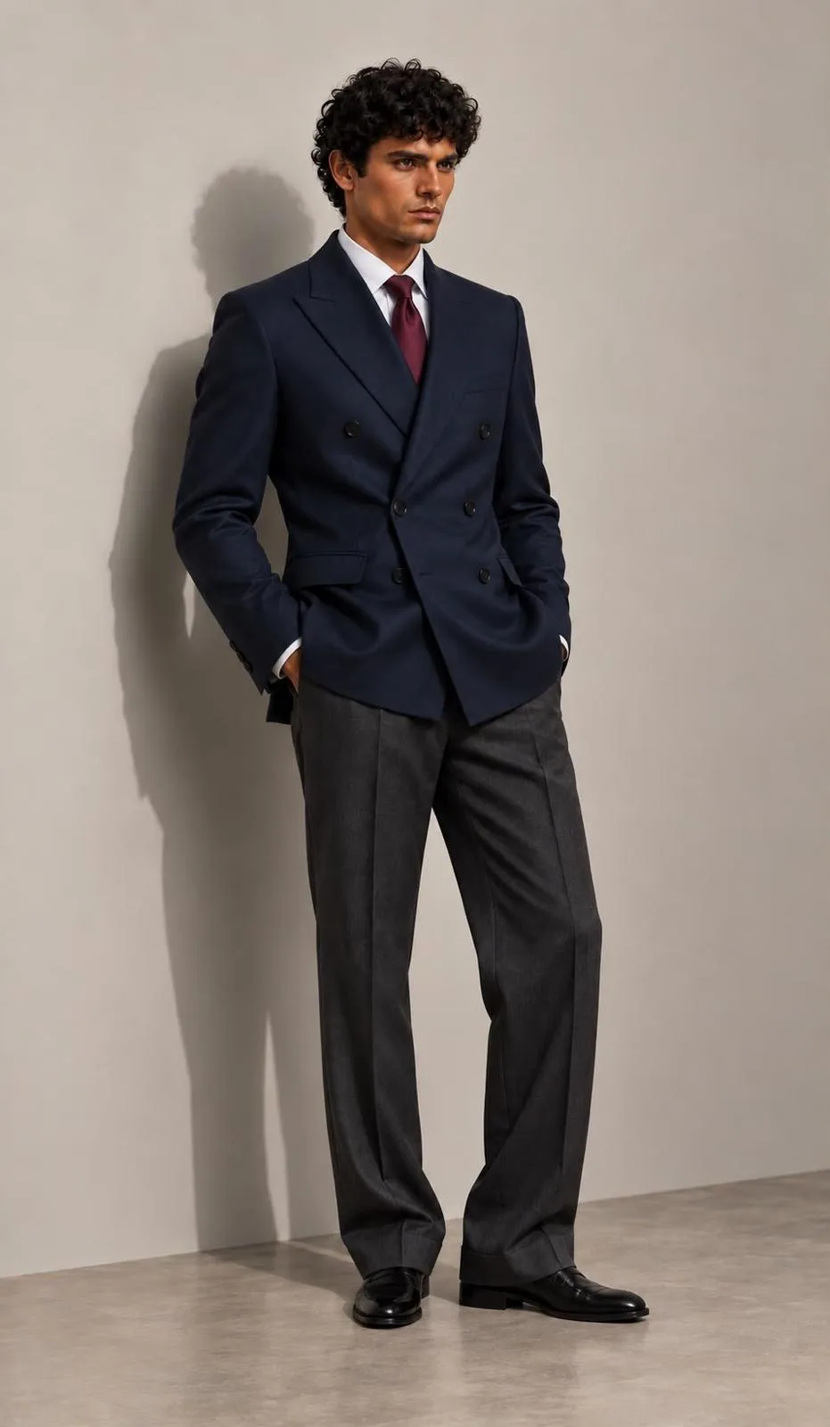 Blazer blu doppiopetto con pantaloni grigi